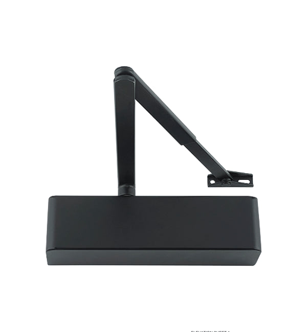 Overhead view of Black Hoppe Arrone Door Closer AR1500 Item 50023895 installed on timber door with jet black finish